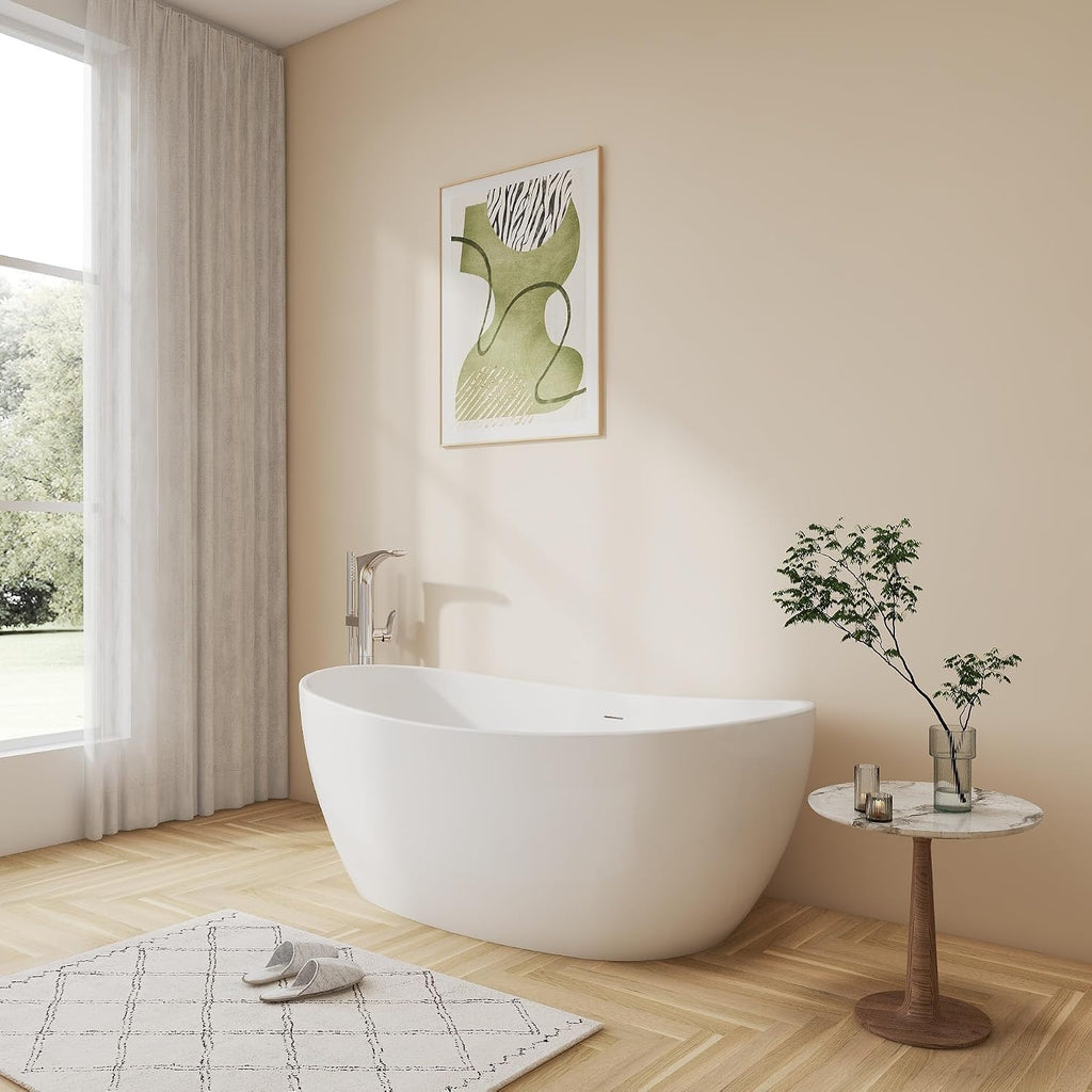 60' Upgraded Contemporary Oval Freestanding Bathtubs, Premium White Stand Alone Soaking Tub with CUPC Drain
