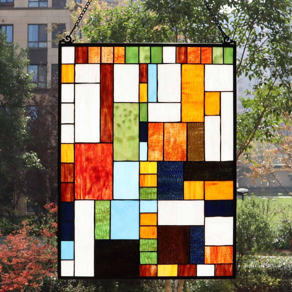 Bieye Geometric Color Block Tiffany Style Stained Glass Window Panel with Hanging Chain (18x25 inches W10092)