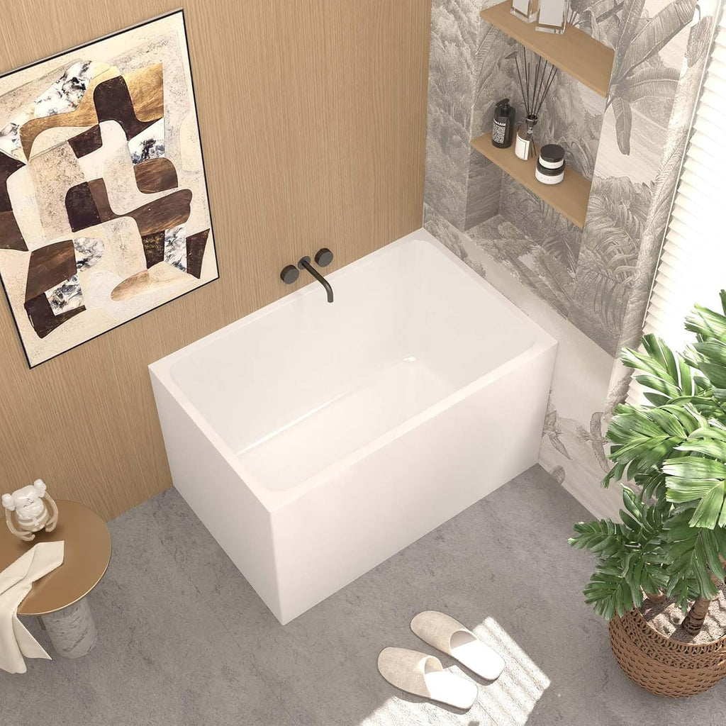 43' Acrylic Freestanding Tub, Square Shape Soaking Bathtub with Chrome Overflow and Left Drain, Free Standing Acrylic Tubs White