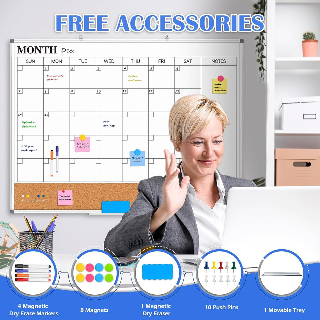 Large Monthly Dry Erase Calendar Whiteboard for Wall, 48' x 36' Double-Sided Big Calendar White Board Cork Board Combo, Aluminum Framed Month Planning Bulletin Board for Office, School, Home