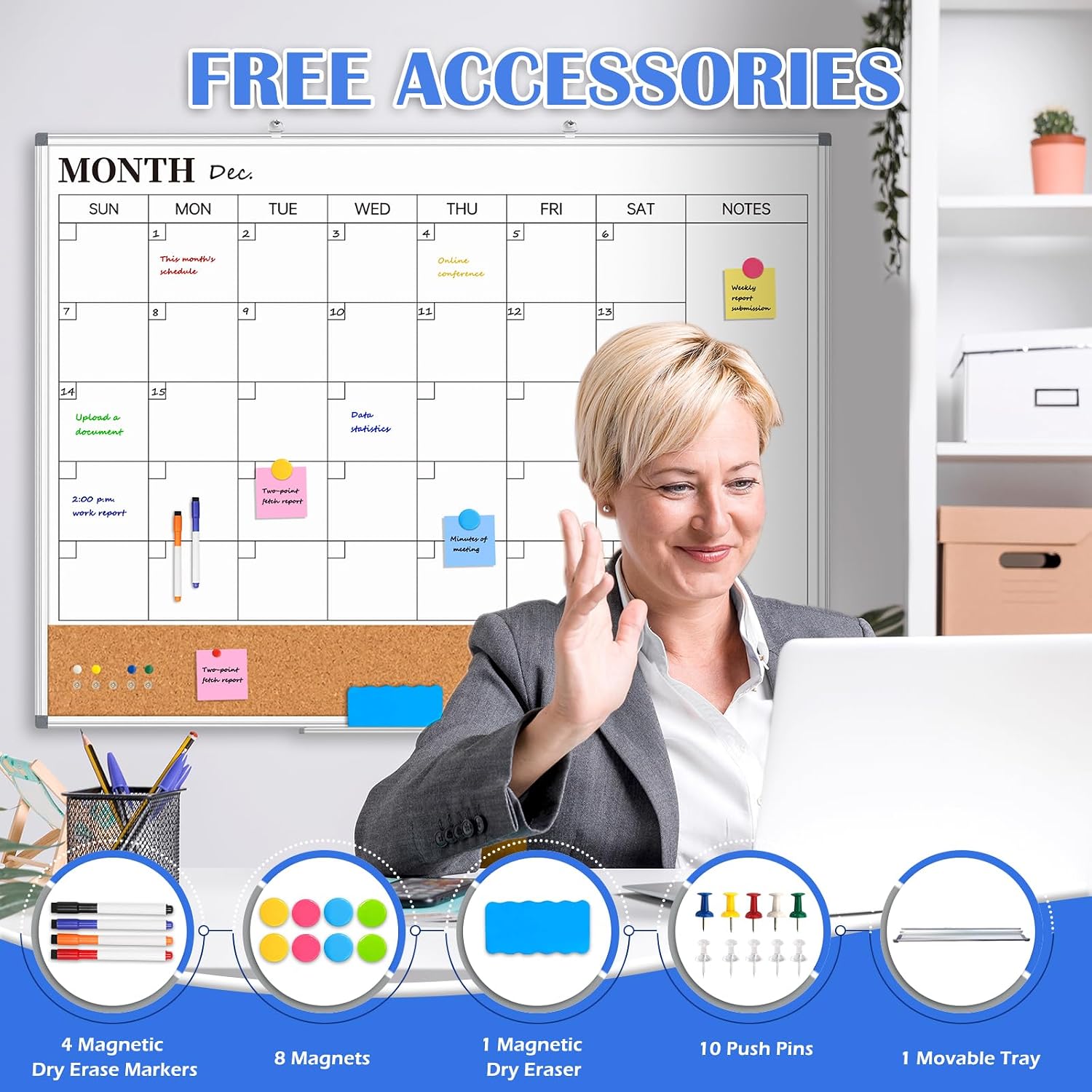 Large Monthly Dry Erase Calendar Whiteboard for Wall, 48' x 36' Double-Sided Big Calendar White Board Cork Board Combo, Aluminum Framed Month Planning Bulletin Board for Office, School, Home