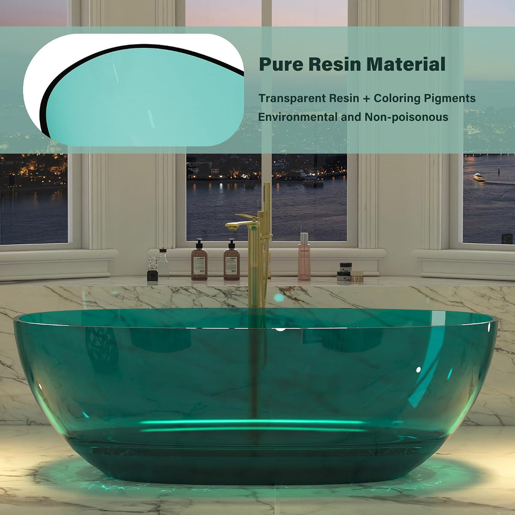 CASAINC 67' Soaking Tub Transparent Resin Freestanding Bathtub Modern Oval Design Stand Alone Tub with Pop-up Drain, 73.32 Gallons Water Storage Capacity and 415 MM Soaking Depth, Transparent Sea Blue