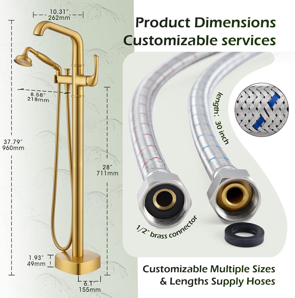 Luxury Free Standing Tub Faucet, Classic Brass Freestanding Bathtub Faucet, Lexdale Bathroom Floor Mount Tub Filler with handheld Sprayer Supply Lines Included Brushed Gold (LD8911-BG)