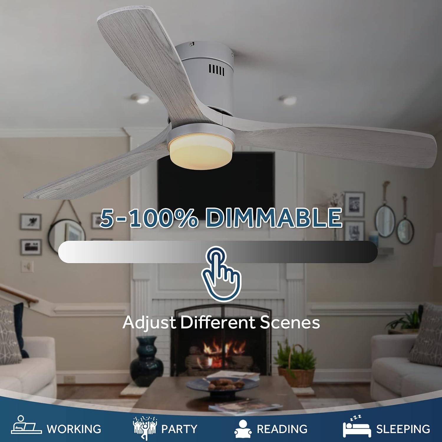 Sofucor 52 Inch Flush Mount Ceiling Fan with Light and Remote Control, 3 Blade Solid Wood Gray Ceiling Fan for Outdoor Indoor, Modern Fan for Bedroom Living Room Farmhouse Patio