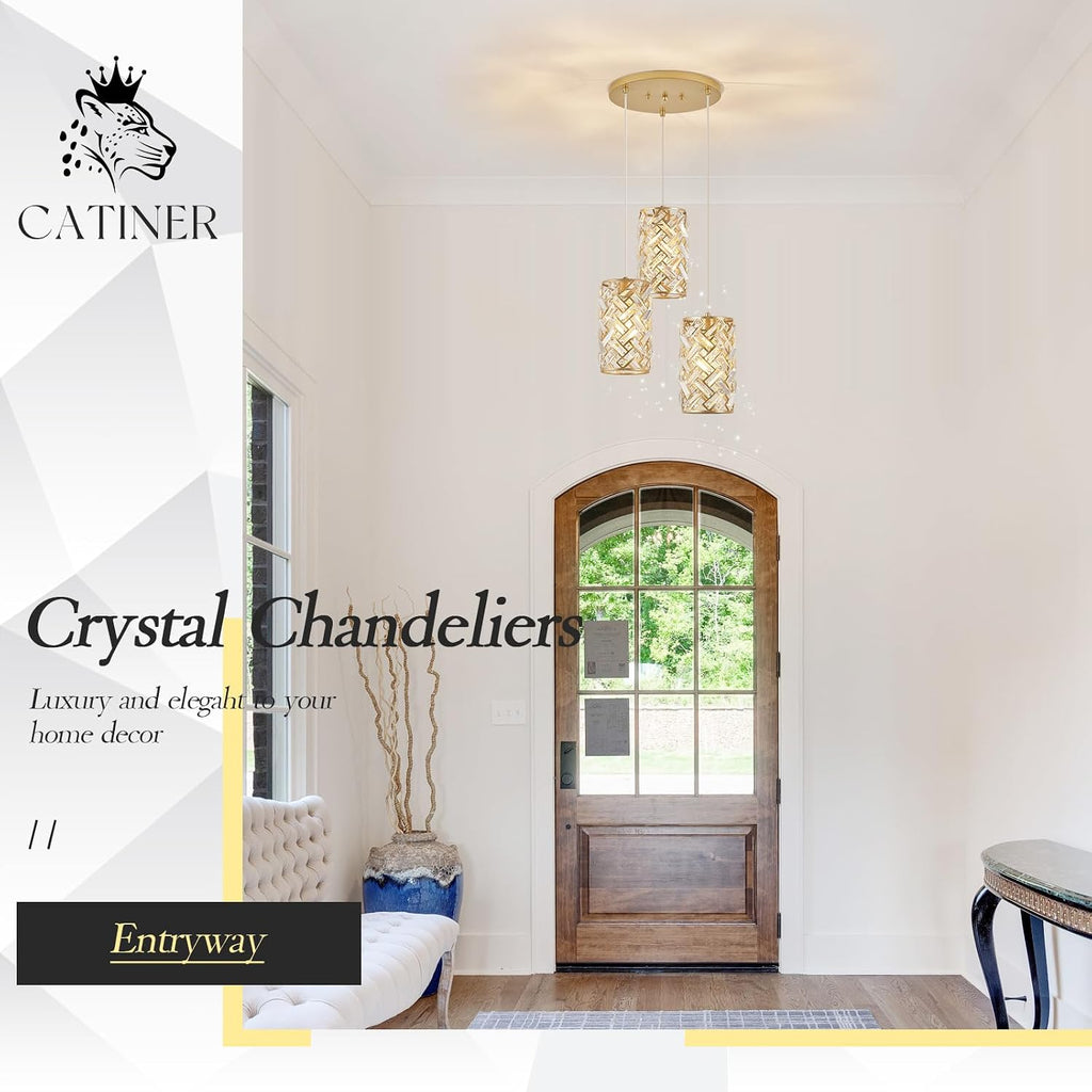 CATINER 3-Light Modern Gold Crystal Pendant Light Luxury Mini Chandelier, Adjustable Cluster Pendant Lighting for Kitchen Island Dinning Room Bedroom Hallway Porch