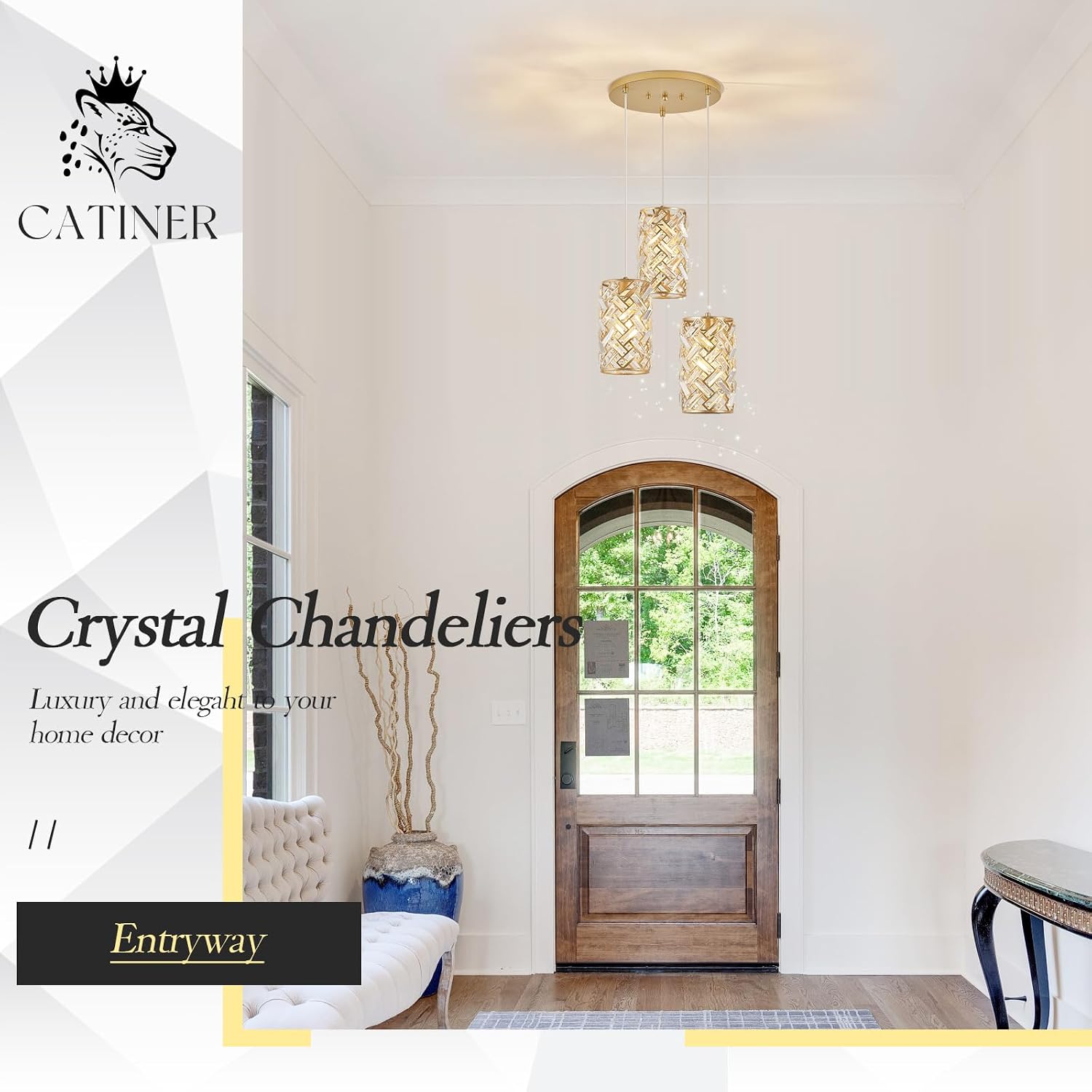CATINER 3-Light Modern Gold Crystal Pendant Light Luxury Mini Chandelier, Adjustable Cluster Pendant Lighting for Kitchen Island Dinning Room Bedroom Hallway Porch