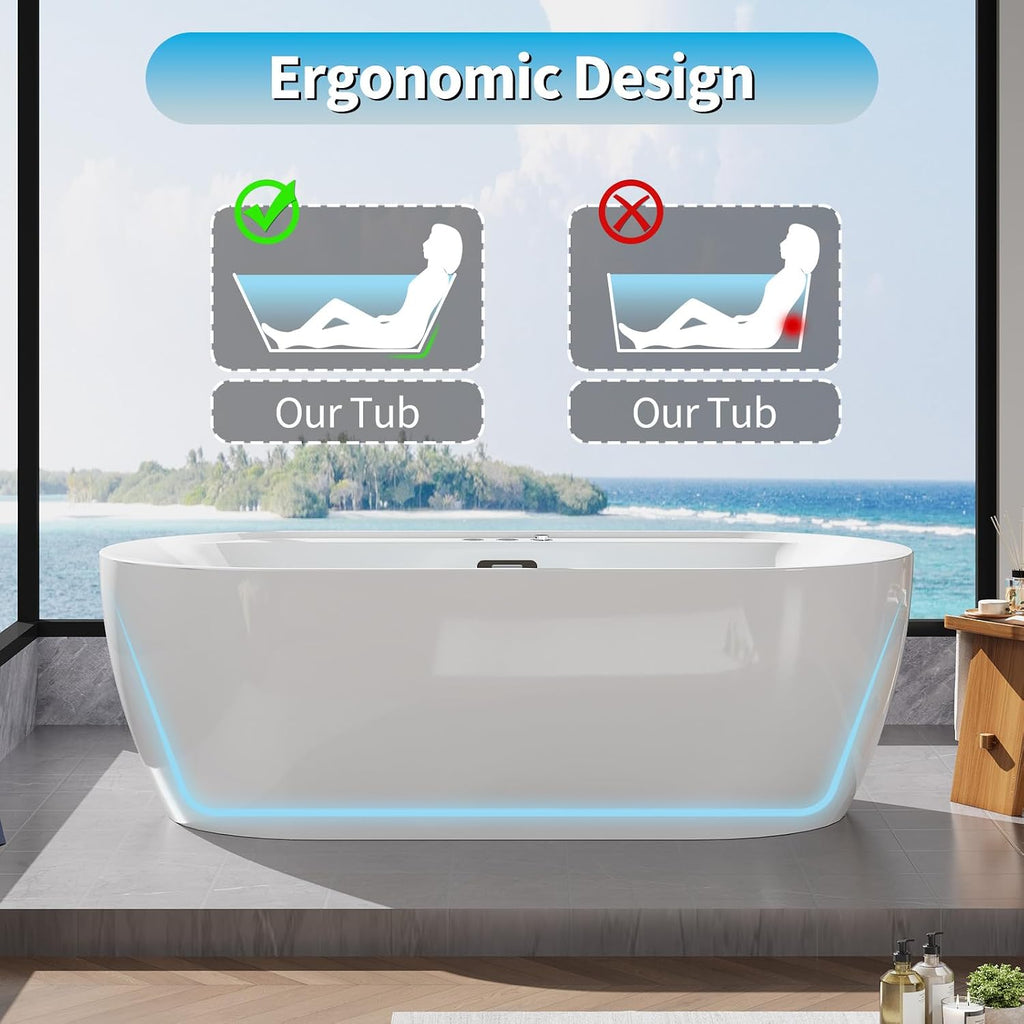 71 Inch Freestanding Jetted Tub,Acrylic Massage Bathtub with 10 Jets and LED Chromatherapy, White Jetted Bath Tub for Modern Bathrooms