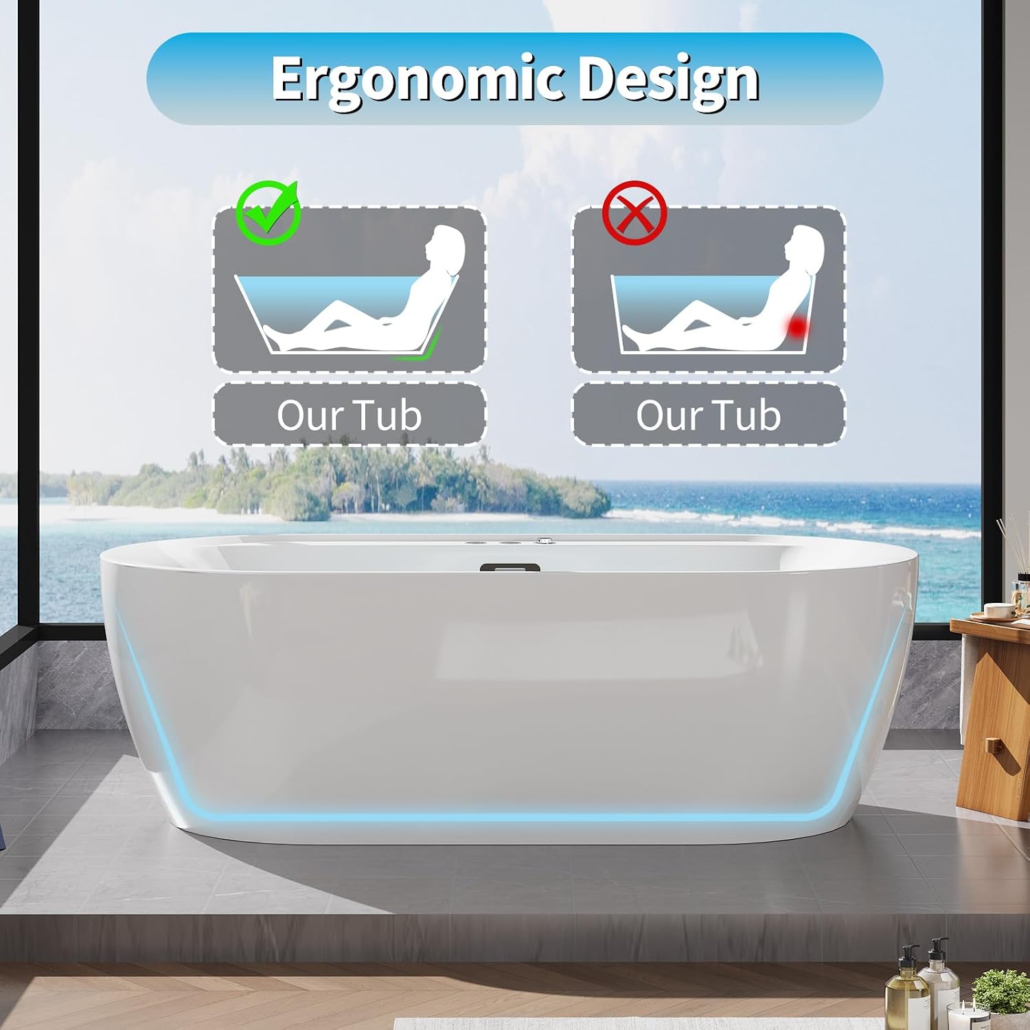 71 Inch Freestanding Jetted Tub,Acrylic Massage Bathtub with 10 Jets and LED Chromatherapy, White Jetted Bath Tub for Modern Bathrooms
