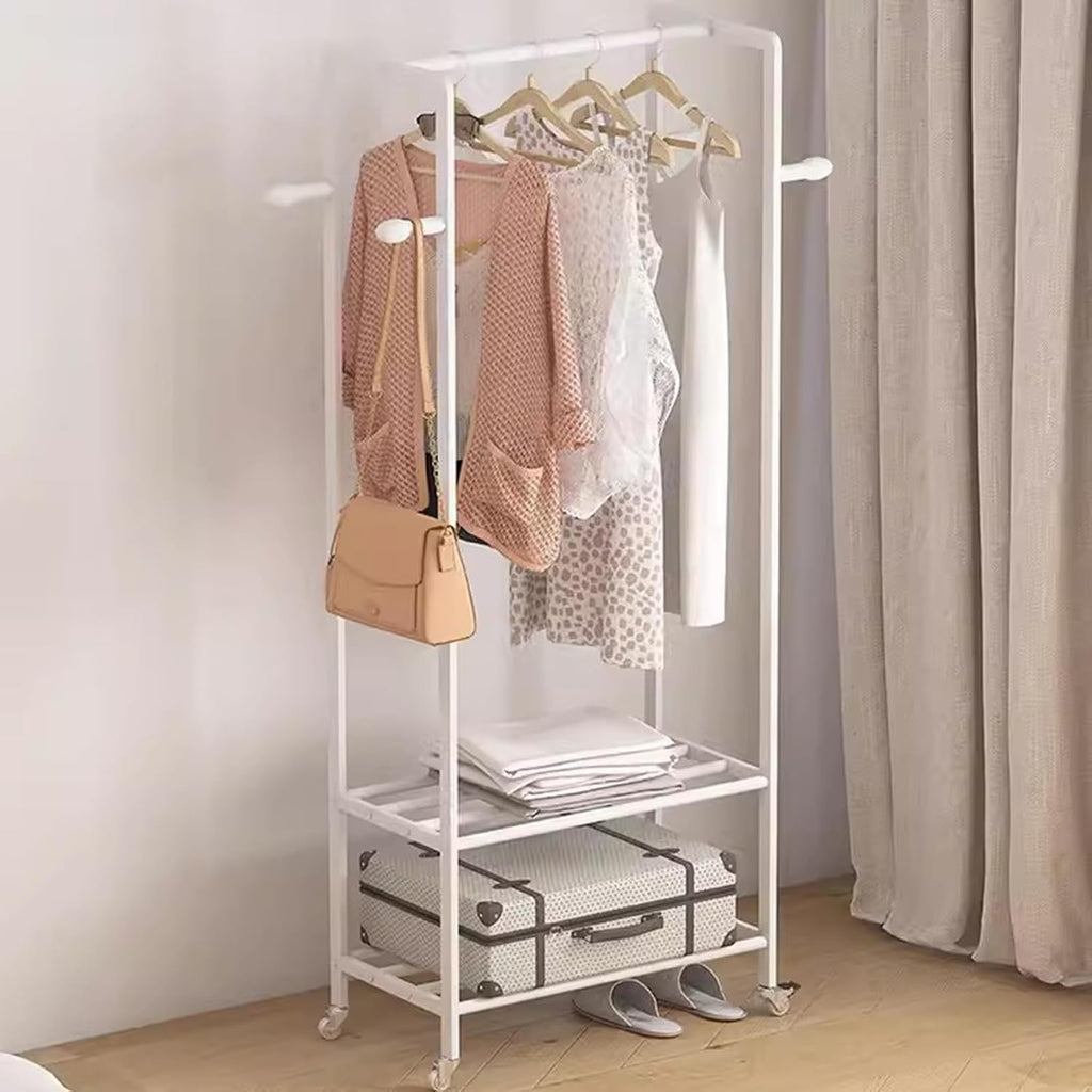 Heavy Duty Coat Rack, Garment Rack Rolling Clothing Rack, Space-Saving Clothes Rack On Wheels, Portable Hanging Storage Organizer with 2 Shelves and 4 Hooks, 3-in-1 Metal Coat Rack for Bedroom (White