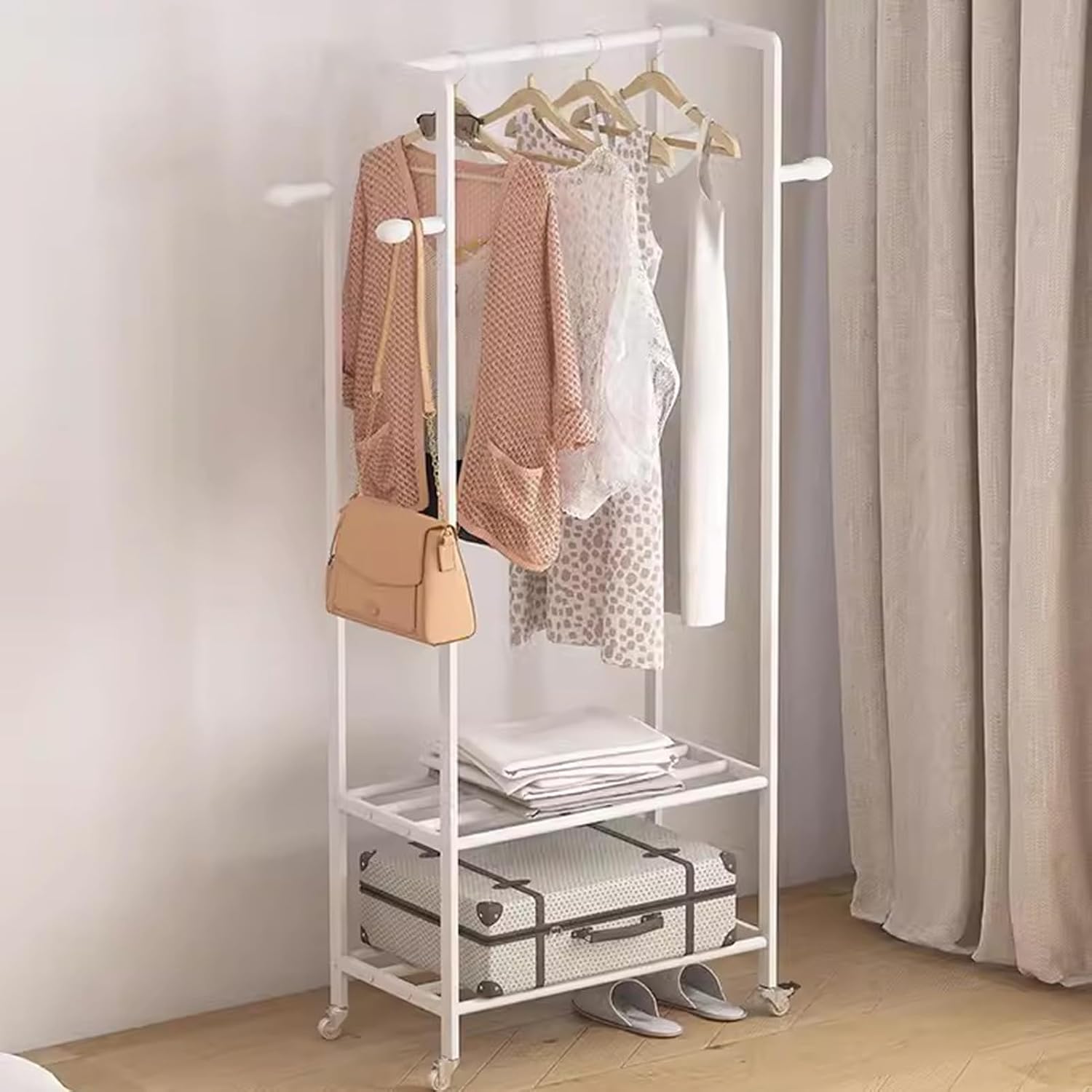 Heavy Duty Coat Rack, Garment Rack Rolling Clothing Rack, Space-Saving Clothes Rack On Wheels, Portable Hanging Storage Organizer with 2 Shelves and 4 Hooks, 3-in-1 Metal Coat Rack for Bedroom (White