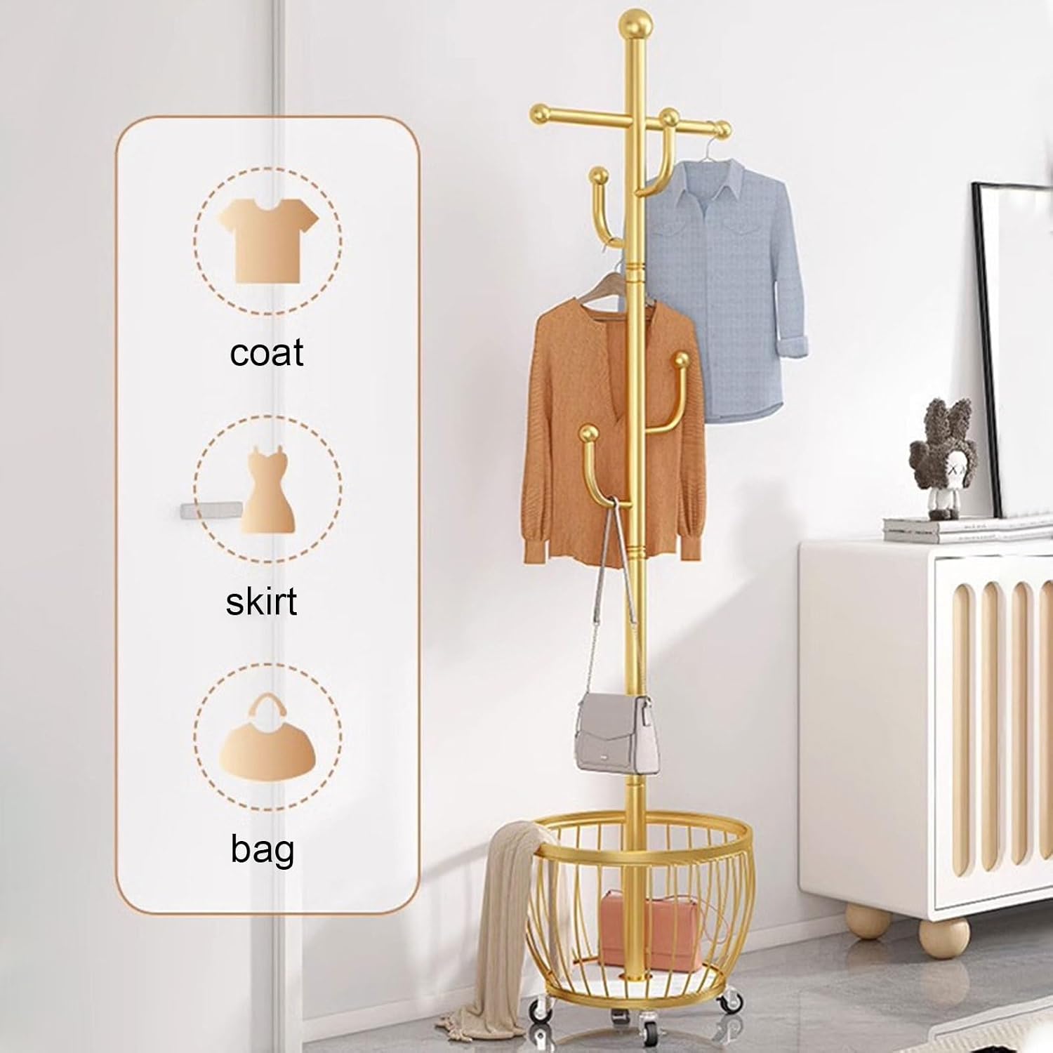 Gold Metal Clothing Hanger Rack - Freestanding Garment Rack with Wheels & 4 Hooks for Easy Hanging - Stylish Organizer for Clothes Storage (Size: A)