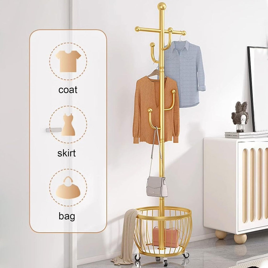 Gold Metal Clothing Hanger Rack with Wheels, Freestanding Organizer for Hanging Clothes, Includes 4 Hooks, Stylish Garment Rack for Home & Retail (Size B)