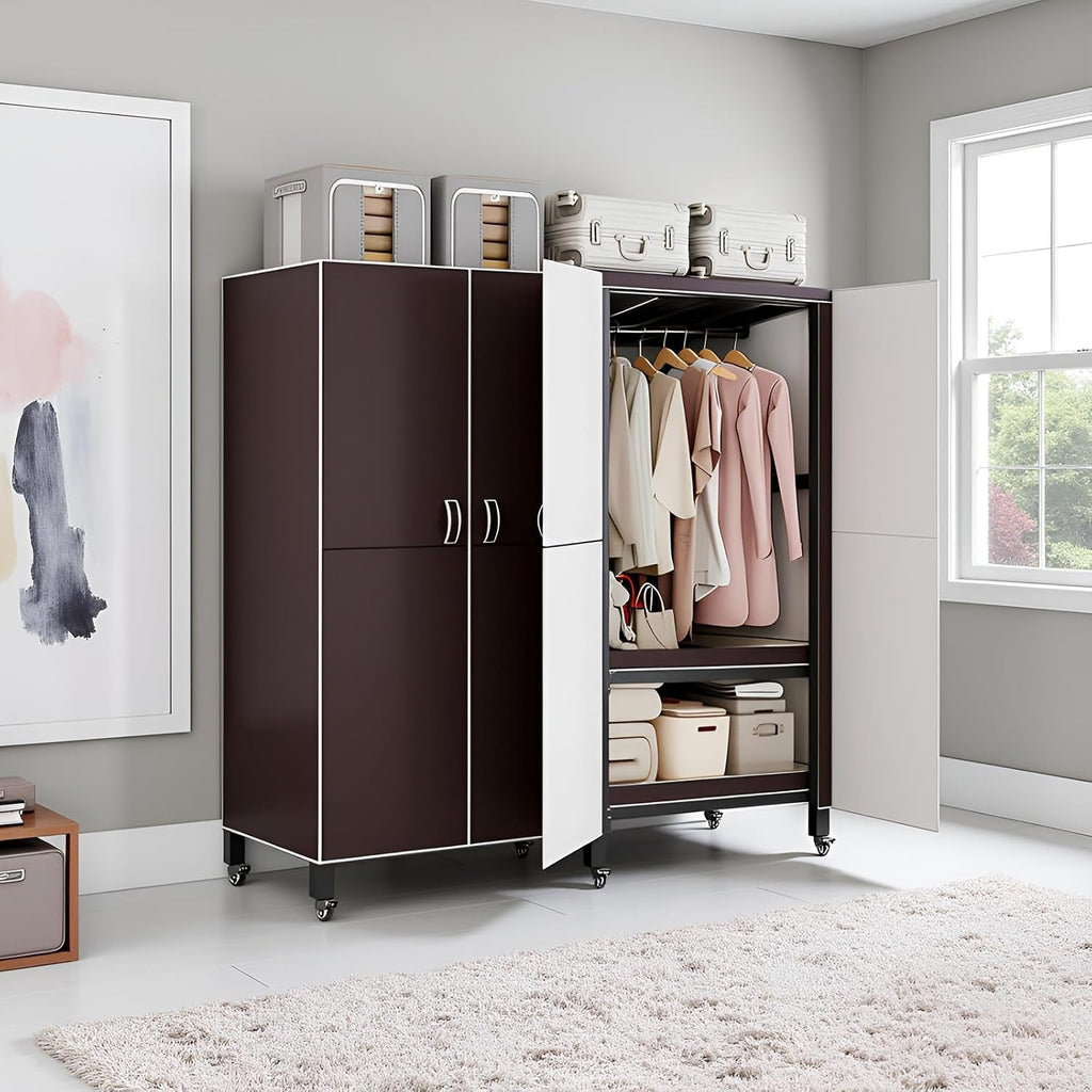 Heavy Duty Clothes Rack With Magnetic Door, Load 1500lbs, Foldable Portable Wardrobe Closet, Hanging Clothing Metal Garment Rack Closet System For Bedroom,Apartments,Rentals (Brown KT, 190cm/75in)