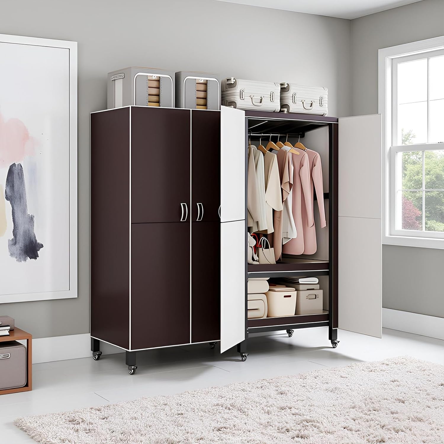 Heavy Duty Clothes Rack With Magnetic Door, Load 1500lbs, Foldable Portable Wardrobe Closet, Hanging Clothing Metal Garment Rack Closet System For Bedroom,Apartments,Rentals (Brown KT, 190cm/75in)