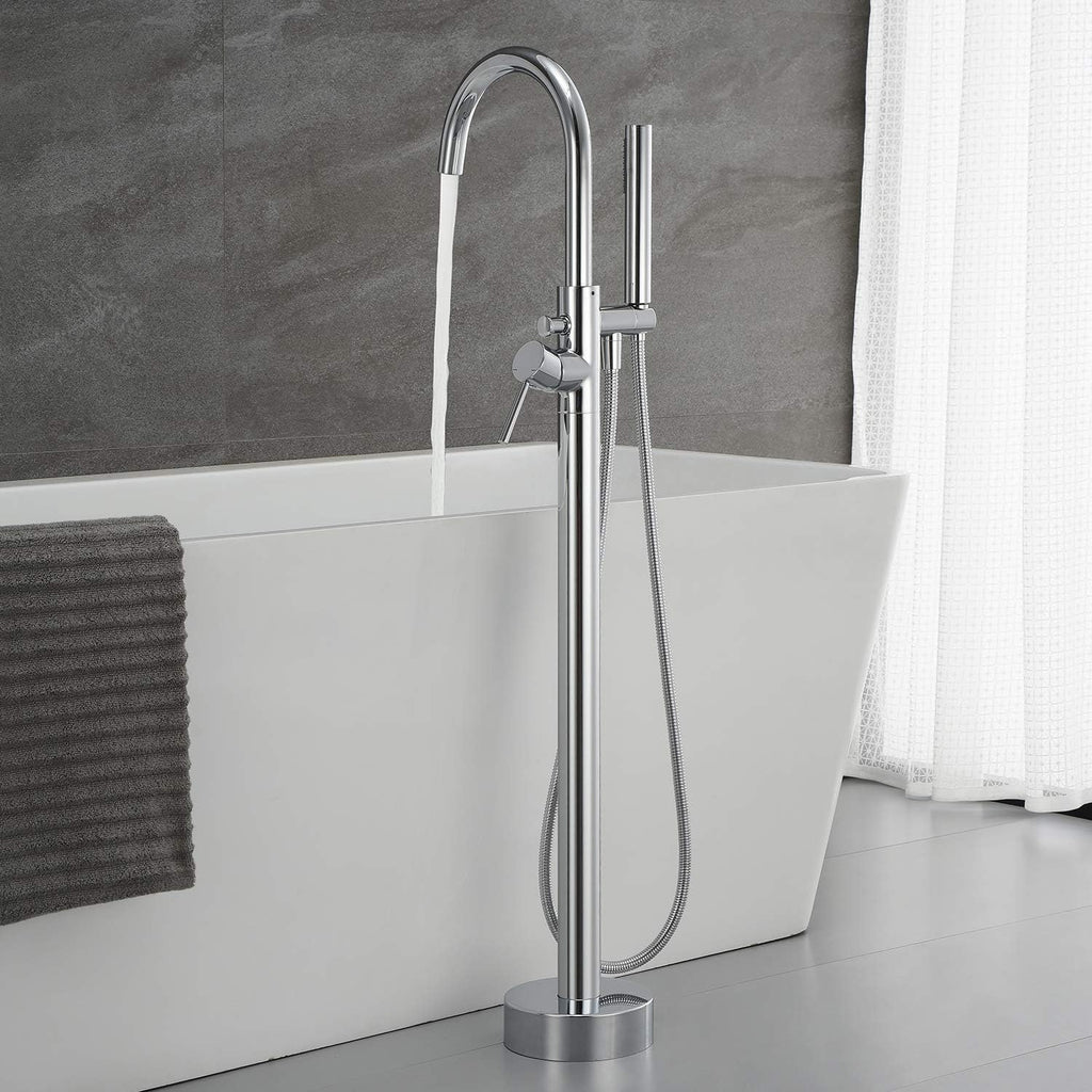 Freestanding Tub Filler Bathtub Faucet Chrome Single Handle Floor Mounted Faucets with Handheld Shower