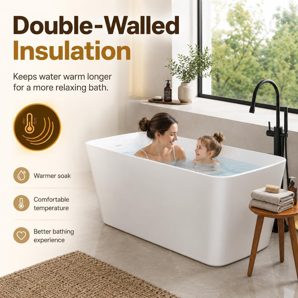 GarveeLife 49' Acrylic Freestanding Soaking Bathtub, Deep Ergonomic Design,cUPC Certified Bath Tub, Double-Walled Insulation, Matte Drain & Overflow, Easy Install, Modern Bathroom Tub, All White