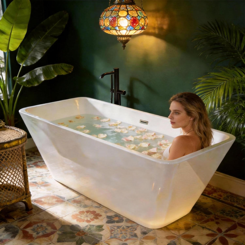 59' Acrylic Freestanding Bathtub with Chrome Drain Kit, Contemporary Square Soaking Tub with Overflow and Flexible PVC Drain Pipe, Double-Walled Insulation, CUPC Certified, Glossy White Finish