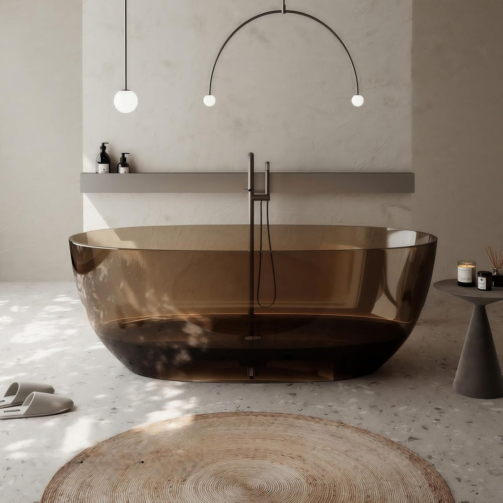 56' Edeyeu Freestanding Bathtub - Clear Oval Resin Extra Deep Soaking Tub, Ergonomic Solid Surface Bathtub Alternative With Handcrafted Finish for Luxury Modern Bathrooms Brown
