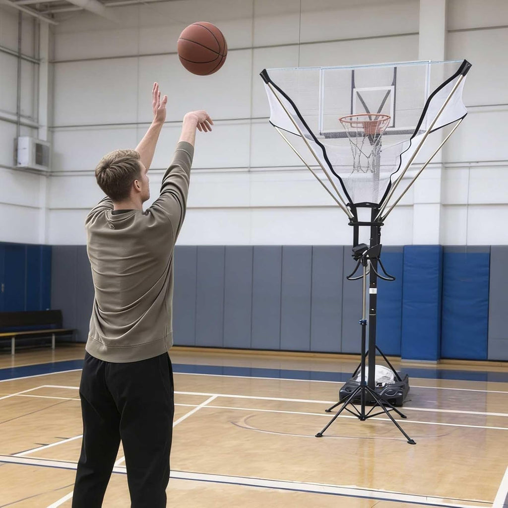 Portable Basketball Return Attachment for Hoop, Metal Basketball Shot Trainer Rebounder with Net, Indoor Outdoor Floor Standing Ball Returner