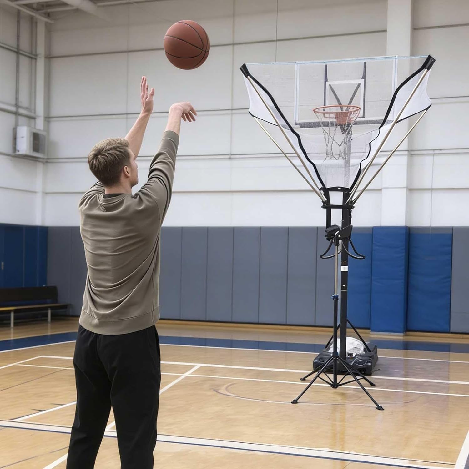 Portable Basketball Return Attachment for Hoop, Metal Basketball Shot Trainer Rebounder with Net, Indoor Outdoor Floor Standing Ball Returner