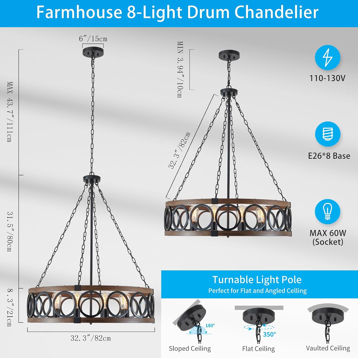 XINGQI Modern Farmhouse Chandelier 32.3' Large Drum 8 Lights Rustic Pendant Lighting Fixture for Living Room Dining Room Kitchen Island Bar Office, Round Metal Shade Black Wood Grain Finish