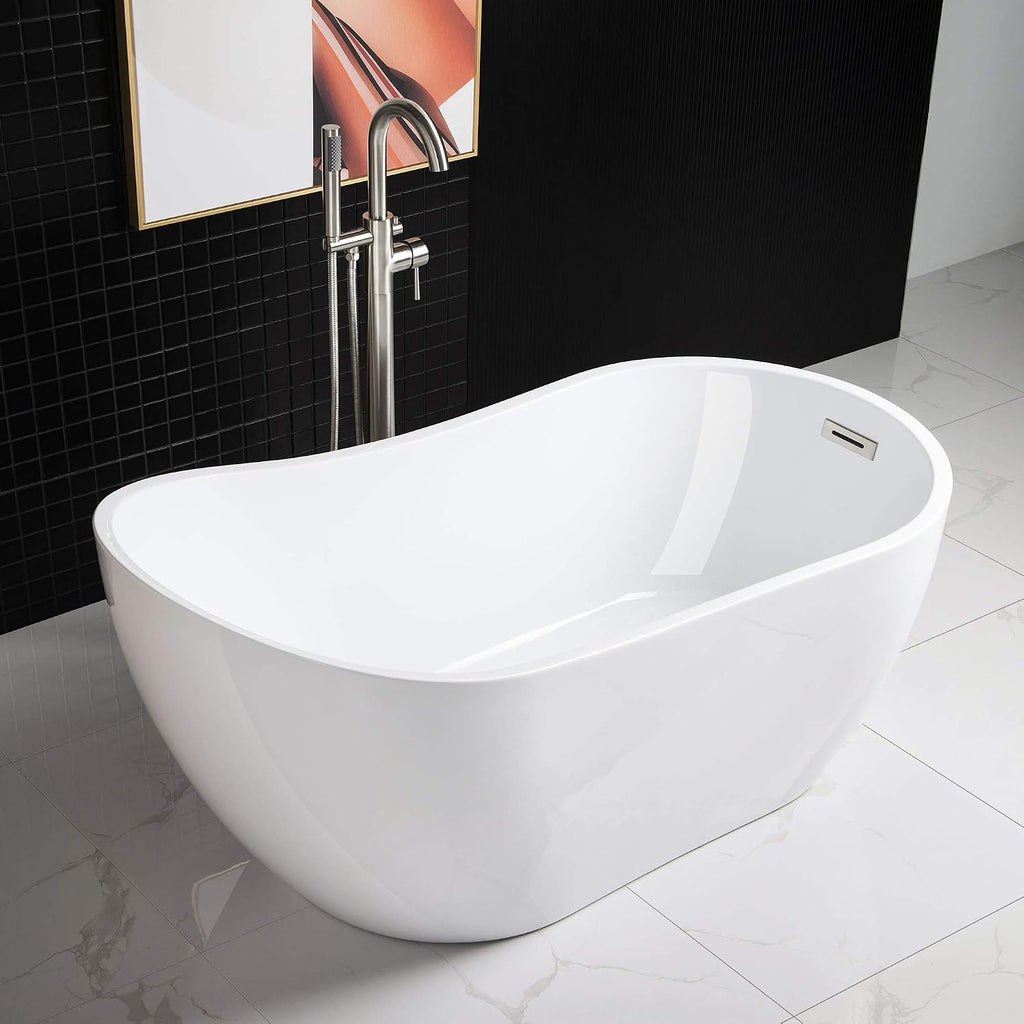 Woodbridge 59' Acrylic Freestanding Bathtub Contemporary Soaking Tub with Brushed Nickel Overflow and Drain BTA1530,With Brushed Nickel-Faucet F0001BN (BTA1530+ F-0001)