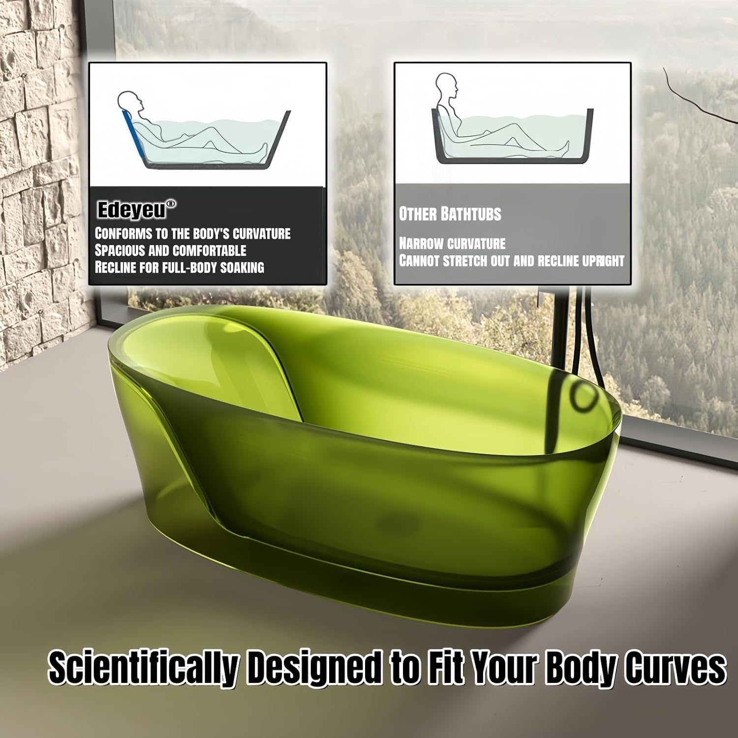 68' Edeyeu Colorful Freestanding Bathtub - Modern Crystal-Like Soaker Tub with Natural Resin Material, Durable Stand Alone Bathtub for Luxury Bathroom Décor, with drainBrown