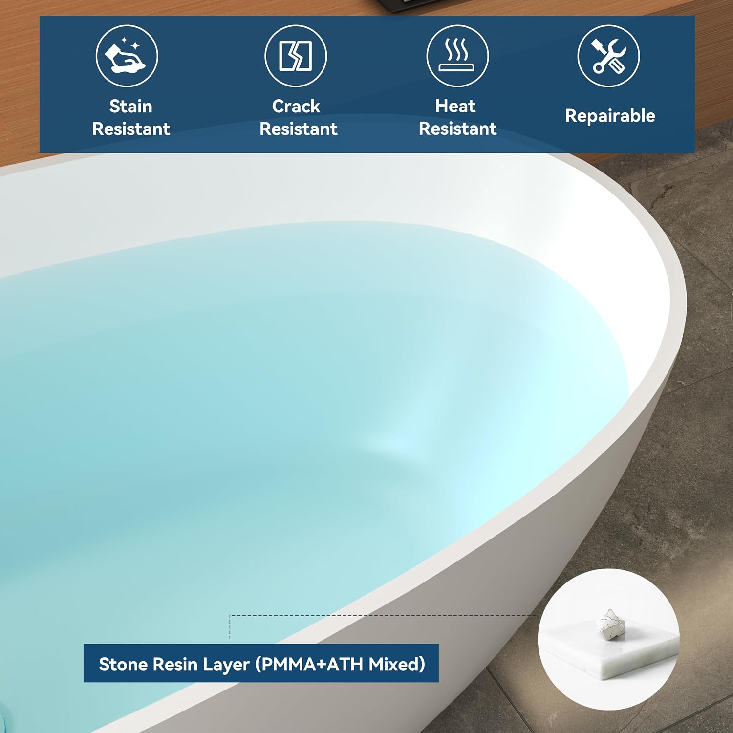 FerdY Goa 67' Resin Stone Freestanding Bathtub, Elegant Oval Freestanding Bathtub, Solid Surface Bathtub, Matte White, cUPC Certified, Minimalist Linear Design Overflow and Pop-Up Drain Pipe