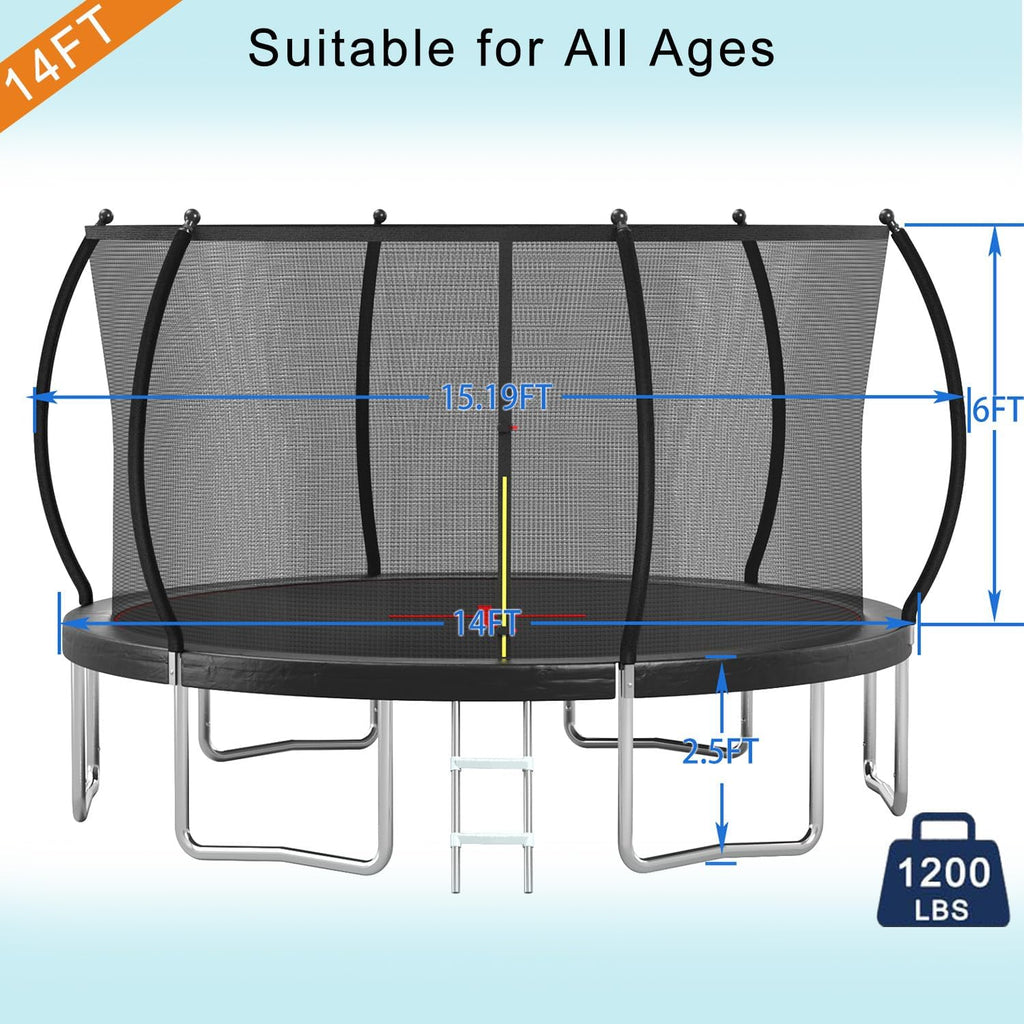 1500LBS 10FT 12FT 14FT 15FT 16FT Trampoline with LED Lights, Sprinkler, Music Speaker and Socks, ASTM Approved Outdoor Trampoline for Kids and Adults, Backyard Trampolines with Net Enclosure