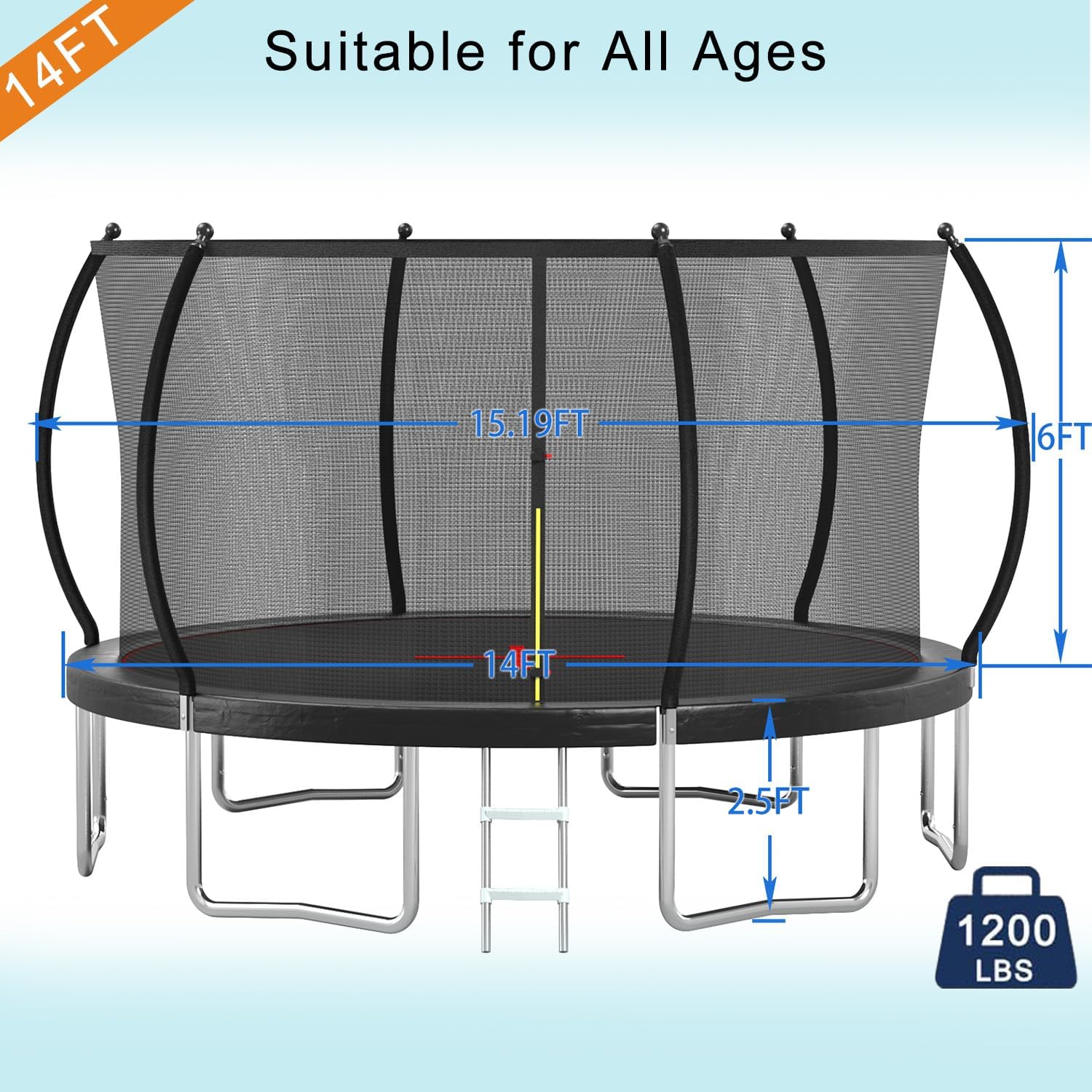 1500LBS 10FT 12FT 14FT 15FT 16FT Trampoline with LED Lights, Sprinkler, Music Speaker and Socks, ASTM Approved Outdoor Trampoline for Kids and Adults, Backyard Trampolines with Net Enclosure