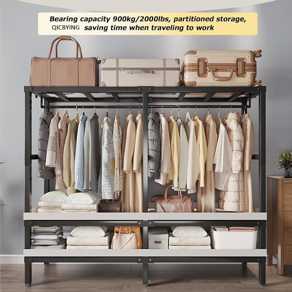 Wardrobe Storage Closet - Heavy Duty Rolling Garment Rack With Cover, Foldable Clothing Rack For Hanging Clothes, Portable Freestanding Closets Wardrobe , Metal Armoires, Max 2000lbs ( Size : 125*52*1