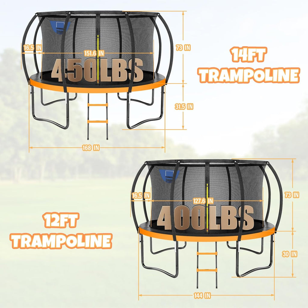 Kiivakii Trampoline 12 14 16FT, Outdoor Big Trampolines for Kids and Adults, Recreational Trampolines with Basketball Hoop and Stakes, Big Round Trampoline with Sprinkler for Backyard