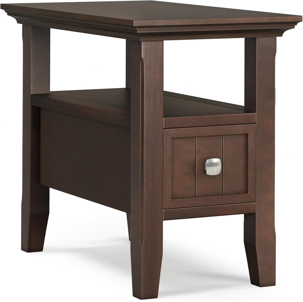 SIMPLIHOME Acadian Narrow Side Table - 14 inch Wide Solid Wood Rectangular End Table with Drawer and Open Shelf in Brunette Brown, Transitional Nightstand or Lamp Stand for Living Room or Bedroom