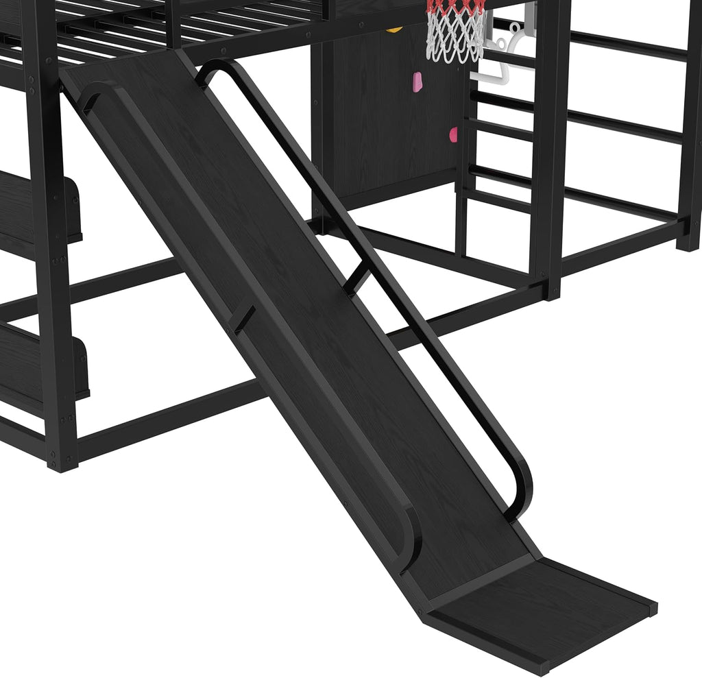 Multifunction Kids Loft Bed with Basketball Hoop, Slide, Pull-up Rings and Climbing Wall, Twin Metal Bunk Bed with Basketball Hoop, Pull-Up rings, Climbing Wall, and Built-in Bookshelves, Black