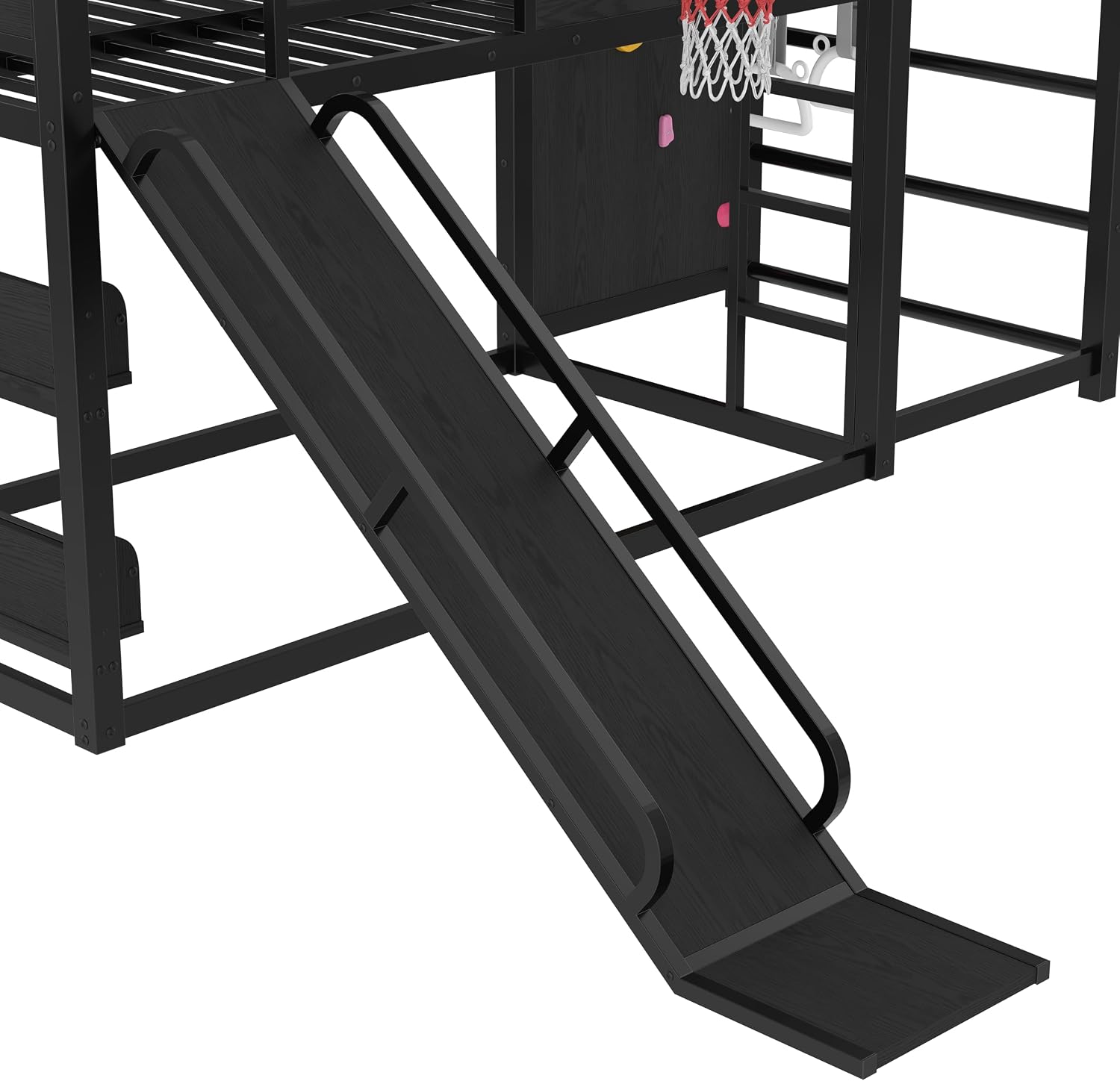 Multifunction Kids Loft Bed with Basketball Hoop, Slide, Pull-up Rings and Climbing Wall, Twin Metal Bunk Bed with Basketball Hoop, Pull-Up rings, Climbing Wall, and Built-in Bookshelves, Black