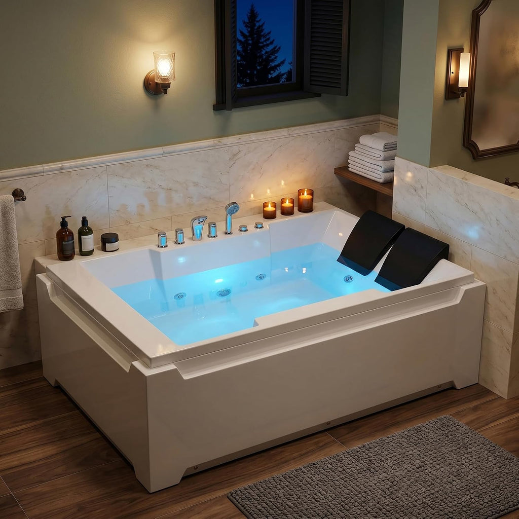 73x48-inch dual massage bathtub, featuring 8 jets, a 750-watt hydrotherapy pump, multi-color underwater LED lighting, 110-gallon capacity, suitable for two people. (white-1)