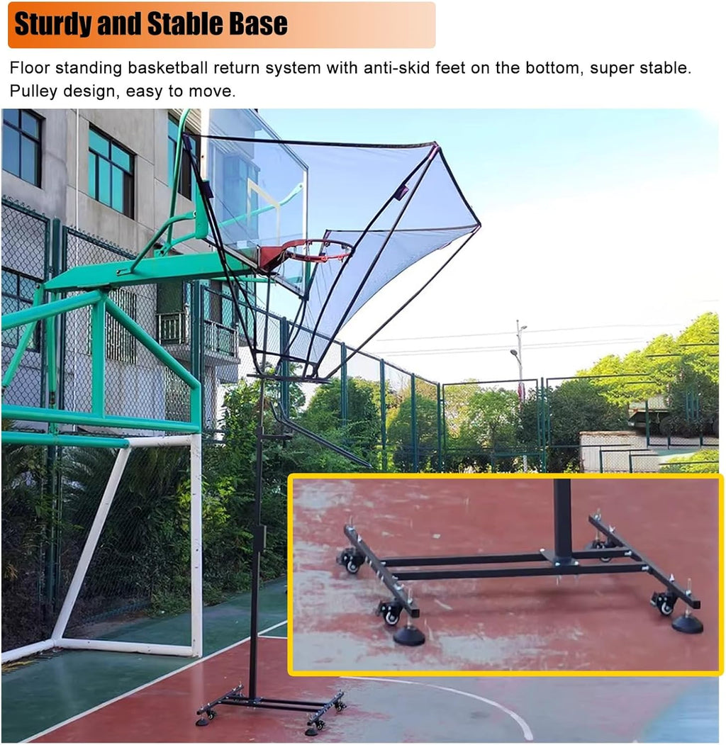 Black Basketball Return Automatic Attachment for Hoop, Floor Standing Rolling Basketball Net Catcher Ball Return Machine, Indoor Outdoor Hoop Returner