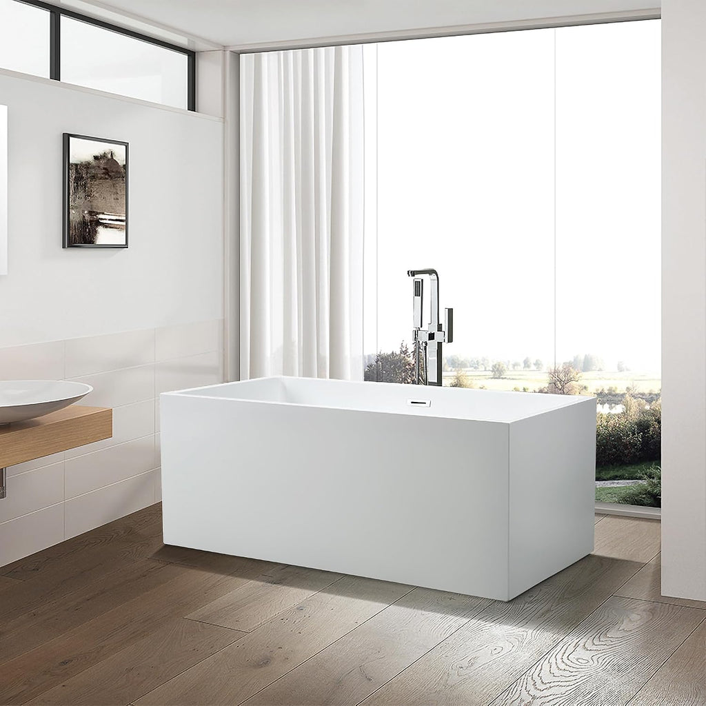 Vanity Art 59 X 30 Inch White Acrylic Freestanding Bathtub | Contemporary Design Soaking Tub with Pop-up Drain Overflow Included, UPC Certified VA6813B-S-PW