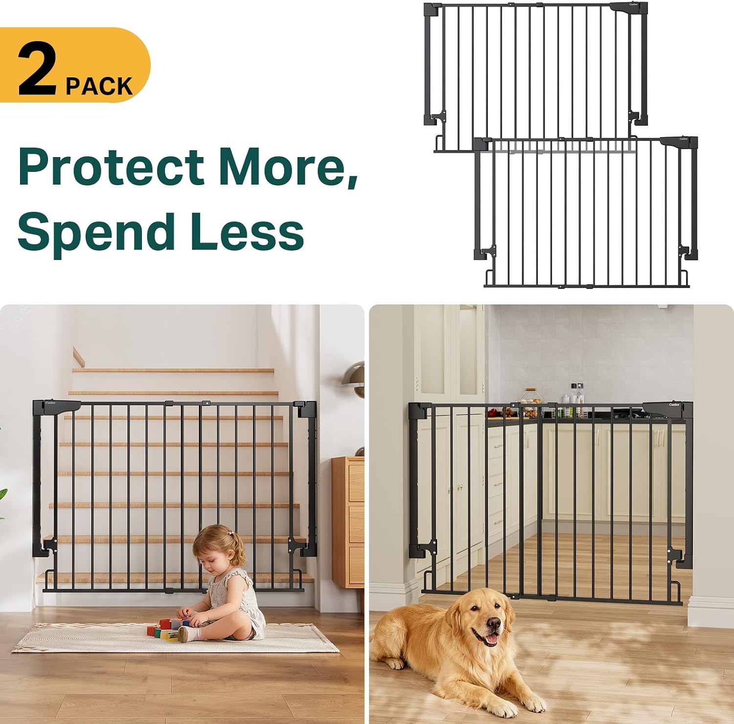 Cumbor 2 Pack 29.2-43' No Bottom Bar Baby Gate for Stairs, 2-in-1 Auto Close Dog Gate Indoor, Hardware Mounted Pet Gate for Doorways with Large Walk Thru Door, Child-Proof Safety Gate for Kids (Black)