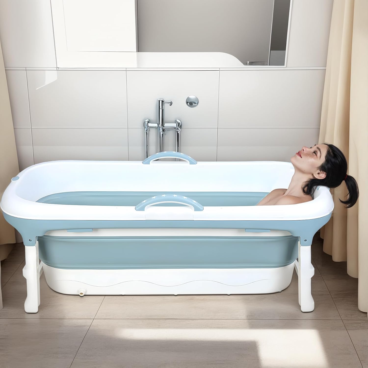 Foldable Bathtub, Portable Bathtub for Adult, Large Collapsible Tub, Freestanding Surround Collapsible Bathtub, Effortless Folding Bathtub, Hot Bath, Ice Bath (Blue) (Blue, 1.3m)