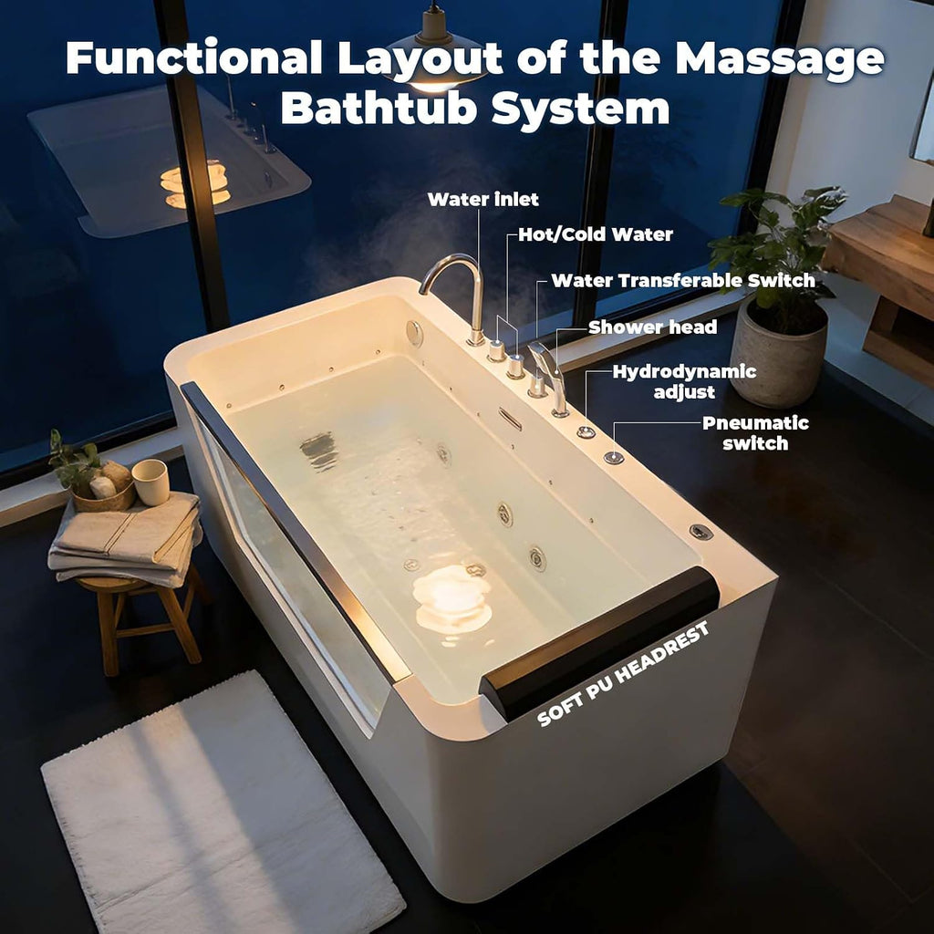 67' Freestanding Soaking Tub, Hydrotherapy Whirlpool Bathtub with Glass Panel, 7 Jets for Muscle Relief, 89 Gallon Acrylic Spa, White