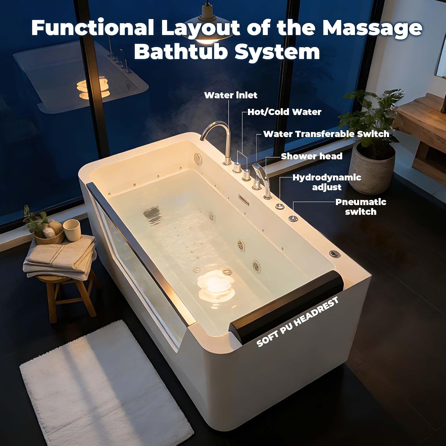 67' Freestanding Soaking Tub, Hydrotherapy Whirlpool Bathtub with Glass Panel, 7 Jets for Muscle Relief, 89 Gallon Acrylic Spa, White