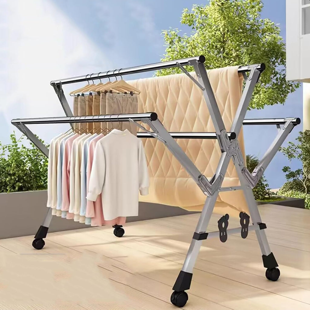 Foldable Freestanding Drying Rack,Collapsible Clothes Drying Racks Foldable, Garment Rack Heavy Duty with Wheels, Laundry Rack for Drying Clothes, 5 Rod Stainles, 1.35-2.0m