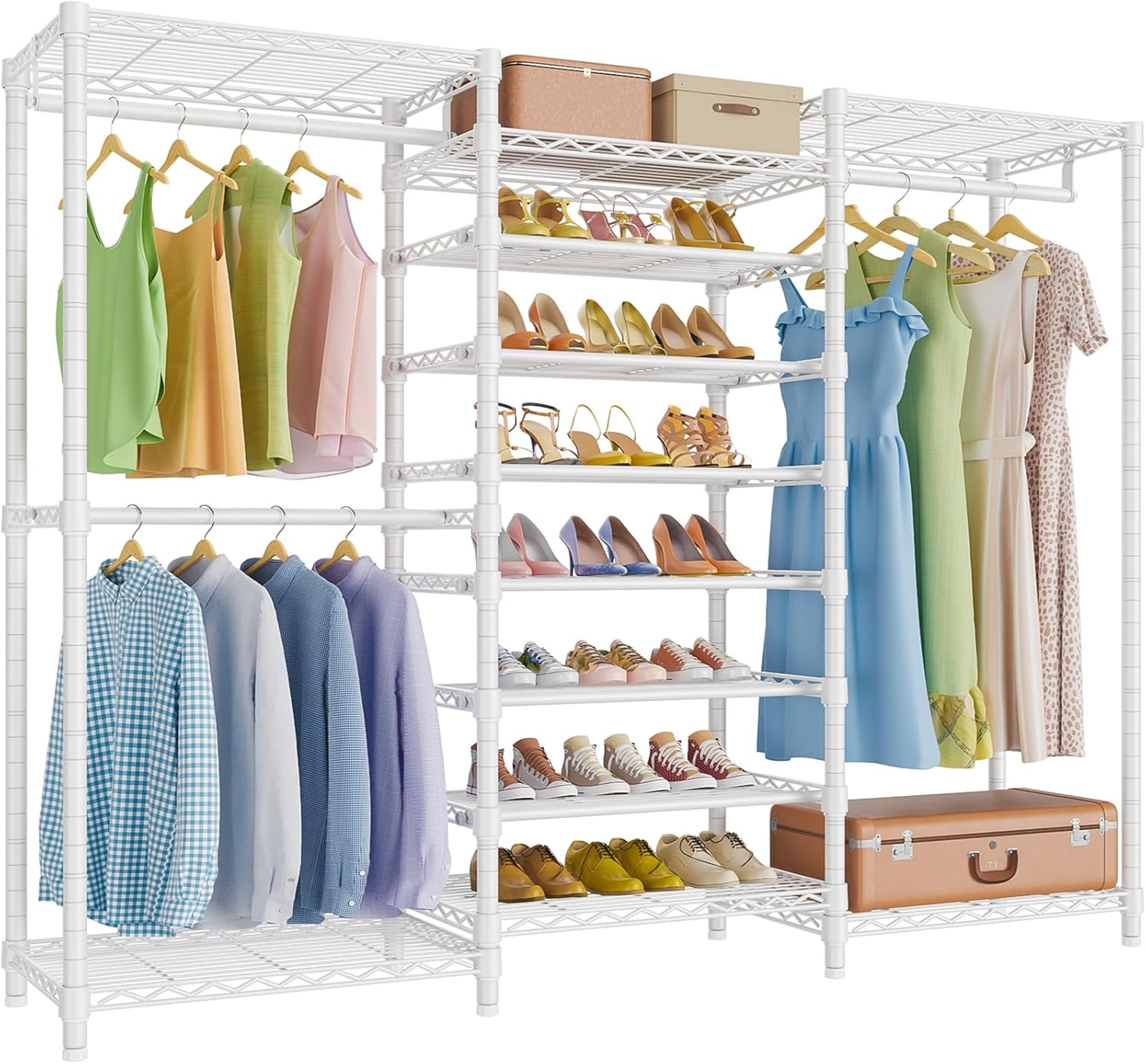VIPEK S3 Freestanding Clothes Rack Heavy Duty Garment Rack 8-Tier Shoe Racks Closet Storage Organizer Large Wardrobe, Hanging Rod, Adjustable Metal Shelf, 68.9' L x 15.7' W x 76.4' H, White