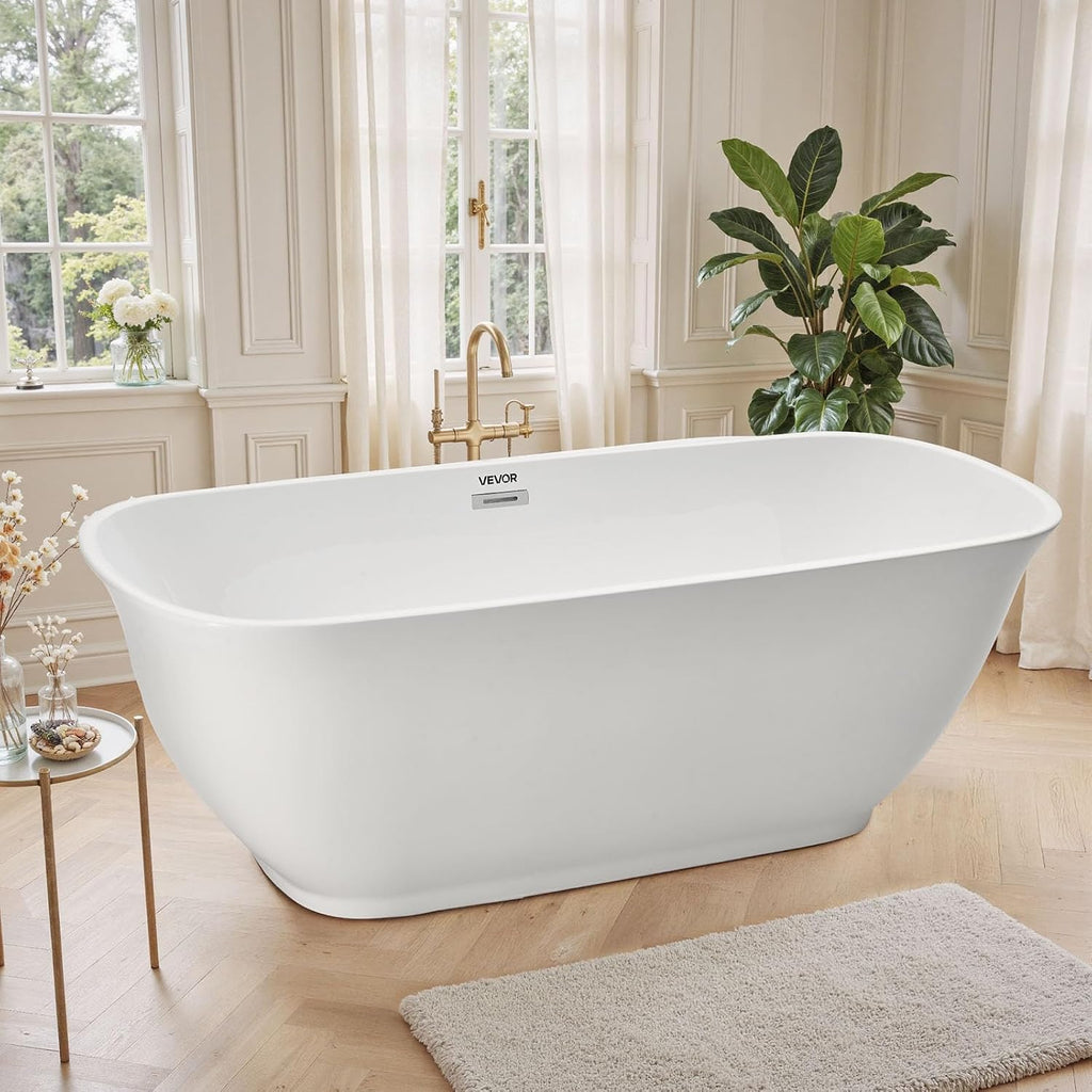 VEVOR Acrylic Freestanding Bathtub, 67 Inch Contemporary Soaking White Tub with Polished Chrome Overflow and Drain, Elegant Oval Shape Stand Alone Soaker Tub for Modern Bathroom or Remodel Projects