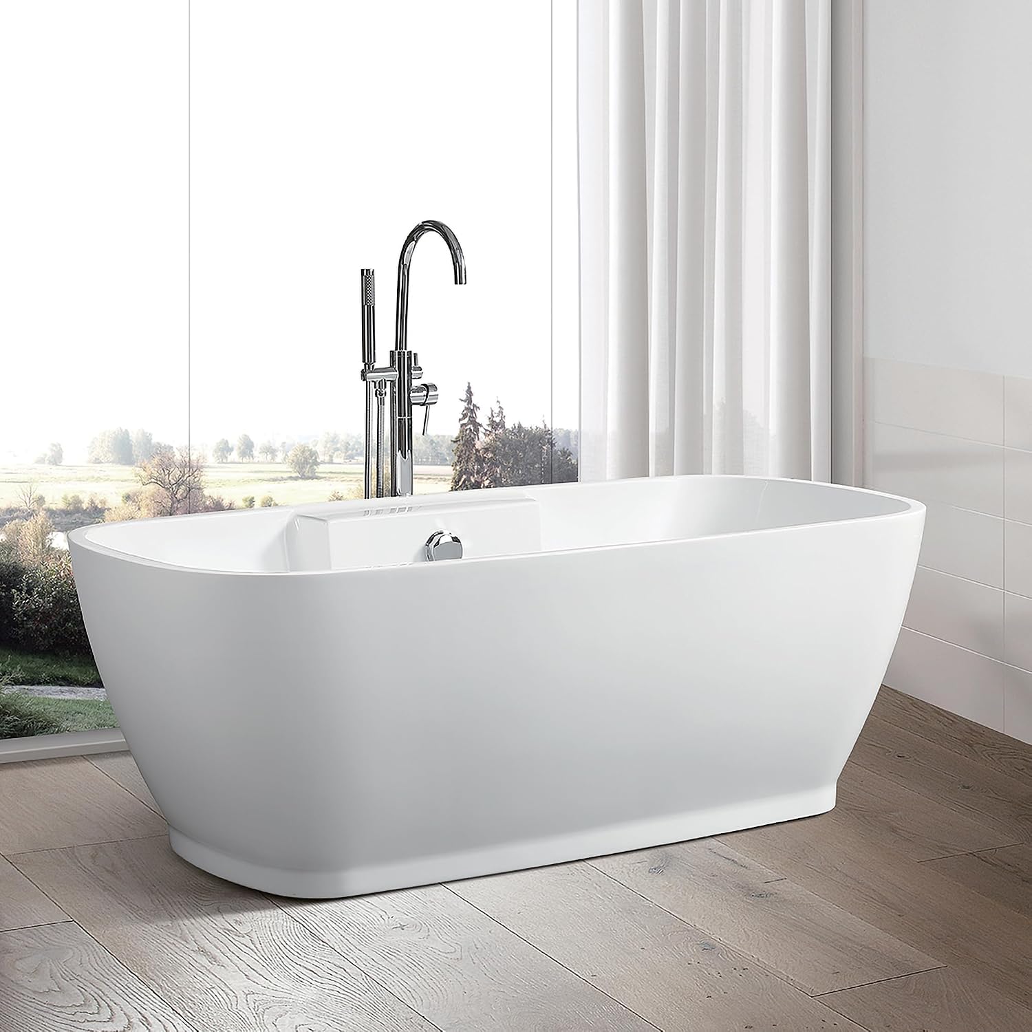 HomeBeyond 59 Inch Free Standing Bathtub | Acrylic Freestanding Soaking Tub deal for Spa-Like Baths, Modern Bathroom Stand Alone Tub Suitable for Couples, Singles, and Families, White