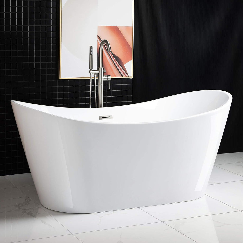 WOODBRIDGE 67' Acrylic Freestanding Bathtub Contemporary Soaking Tub, White Acrylic (Brushed Nickel Drain/Overflow),B-0010 B/N-Drain &O