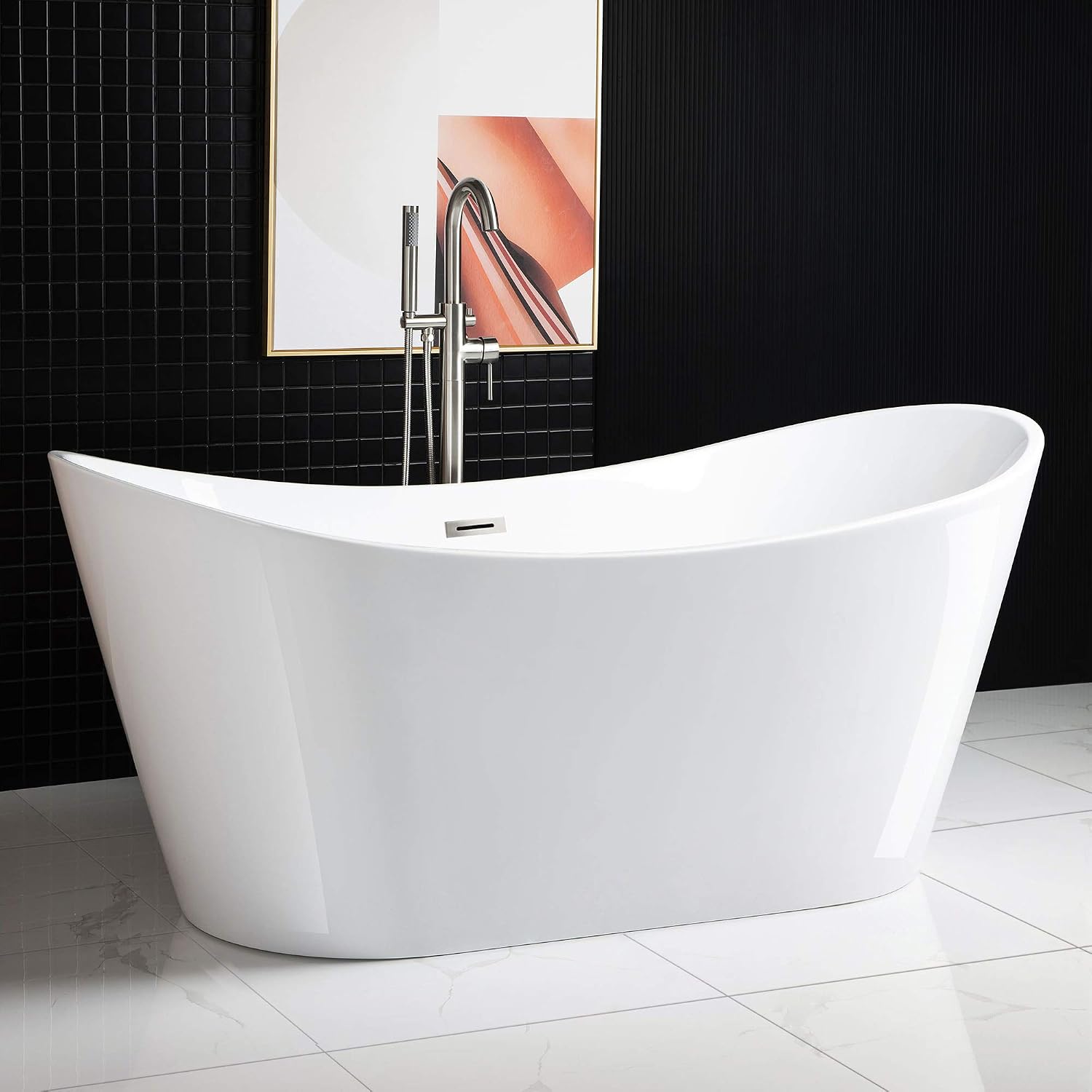 WOODBRIDGE 67' Acrylic Freestanding Bathtub Contemporary Soaking Tub, White Acrylic (Brushed Nickel Drain/Overflow),B-0010 B/N-Drain &O