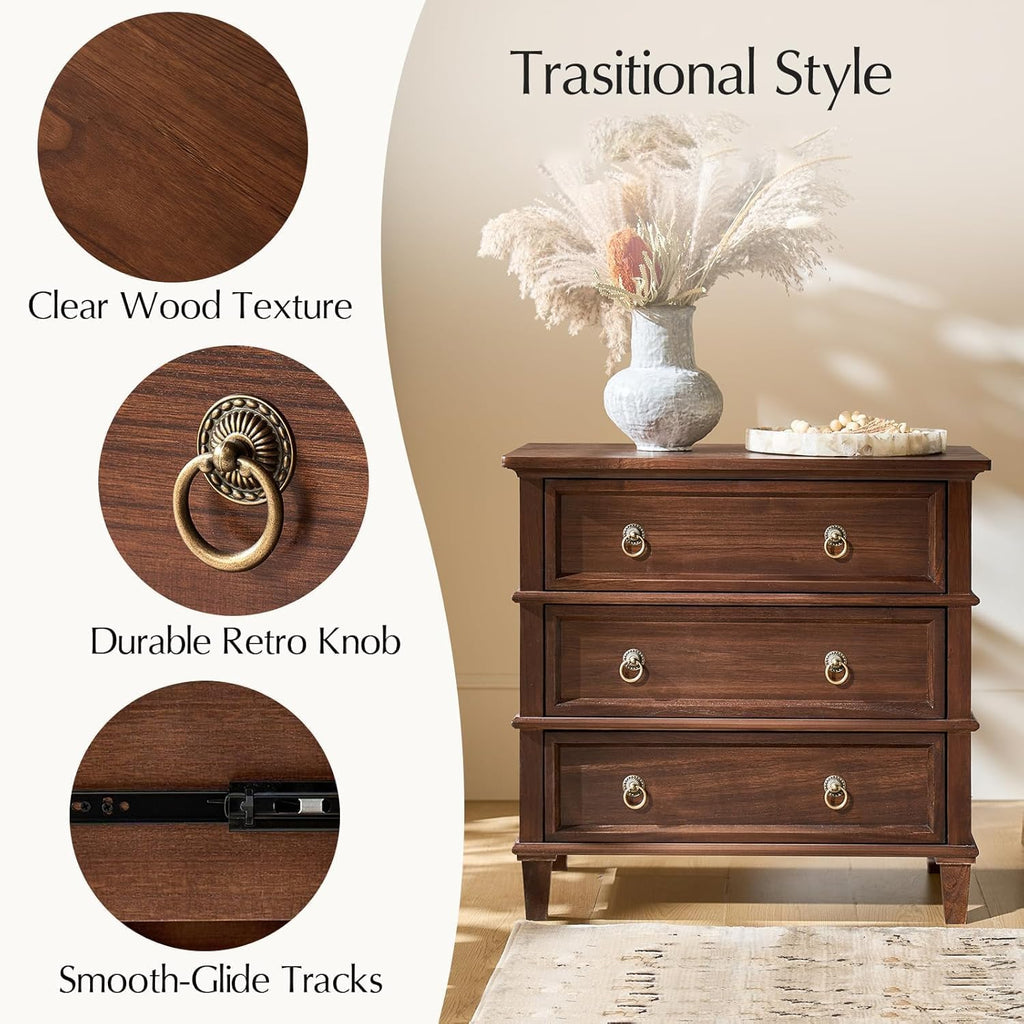 HULALA HOME Farmhouse End Tables Set of 2 with 3 Drawers, Paulownia Solid Wood Side Table with Vintage Knobs, Ancient End Table with Charging Station, Easy Assembly, Walnut