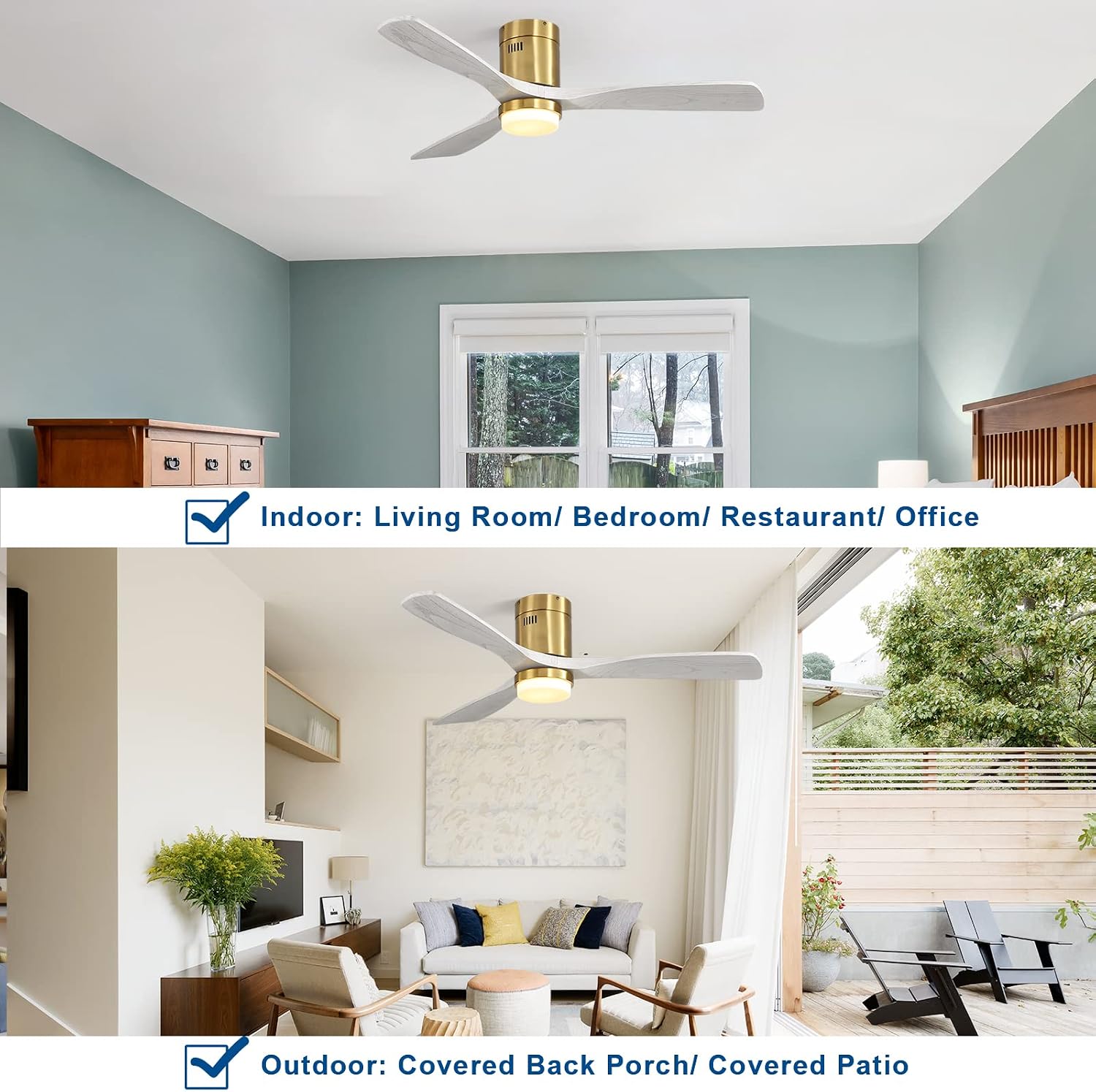 Sofucor Ceiling Fans with Lights and Remote, 52 Inch Flush Mount Ceiling Fan with Light, Quiet DC Motor, 6 Speed, 3 Blade Solid Wood Ceiling Fans for Bedroom Farmhouse Patio